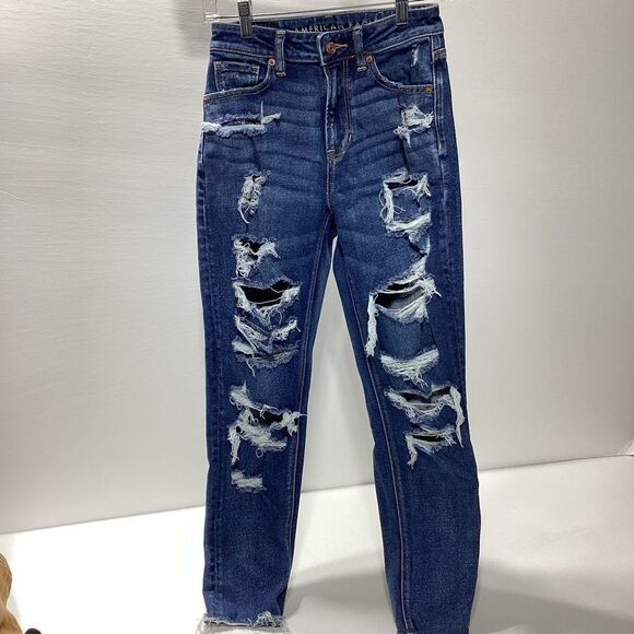 American Eagle Mom Jeans Stretch Distressed Size 0 Raw Hem - Picture 2 of 14